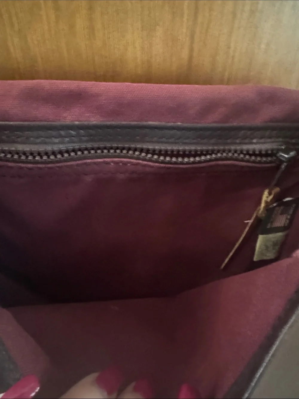 Duluth Trading Co Maroon Canvas Messenger Bag with Brown Trim